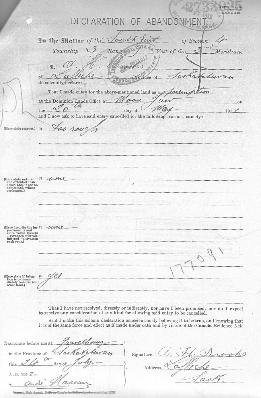 Document for ABANDONMENT of Pre-Emption application in Lafleche Saskatchewan - Aimé  Brooks